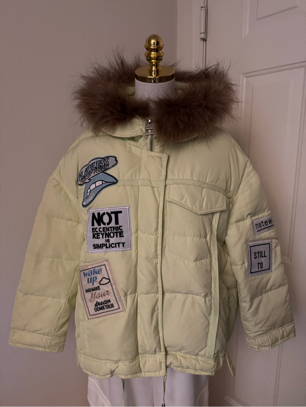 me too Pale Yellow Puffer Jacket with Fur Trim and Patch Accents